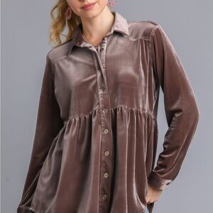 Umgee Velvet Button-Down Shirt in Brown